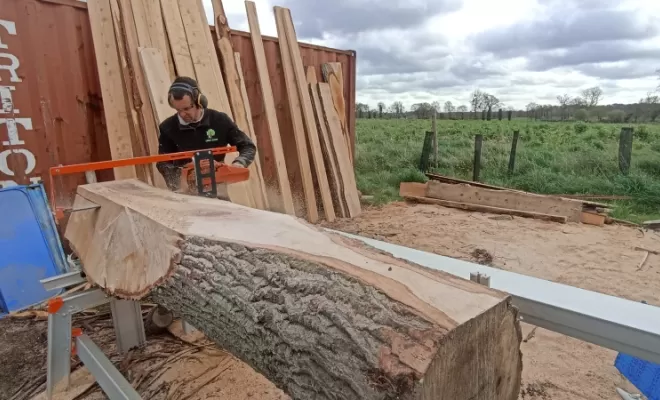Sciage de chêne en planche à Miniac Morvan par l'entreprise arbre design , Meillac, Arbre Design